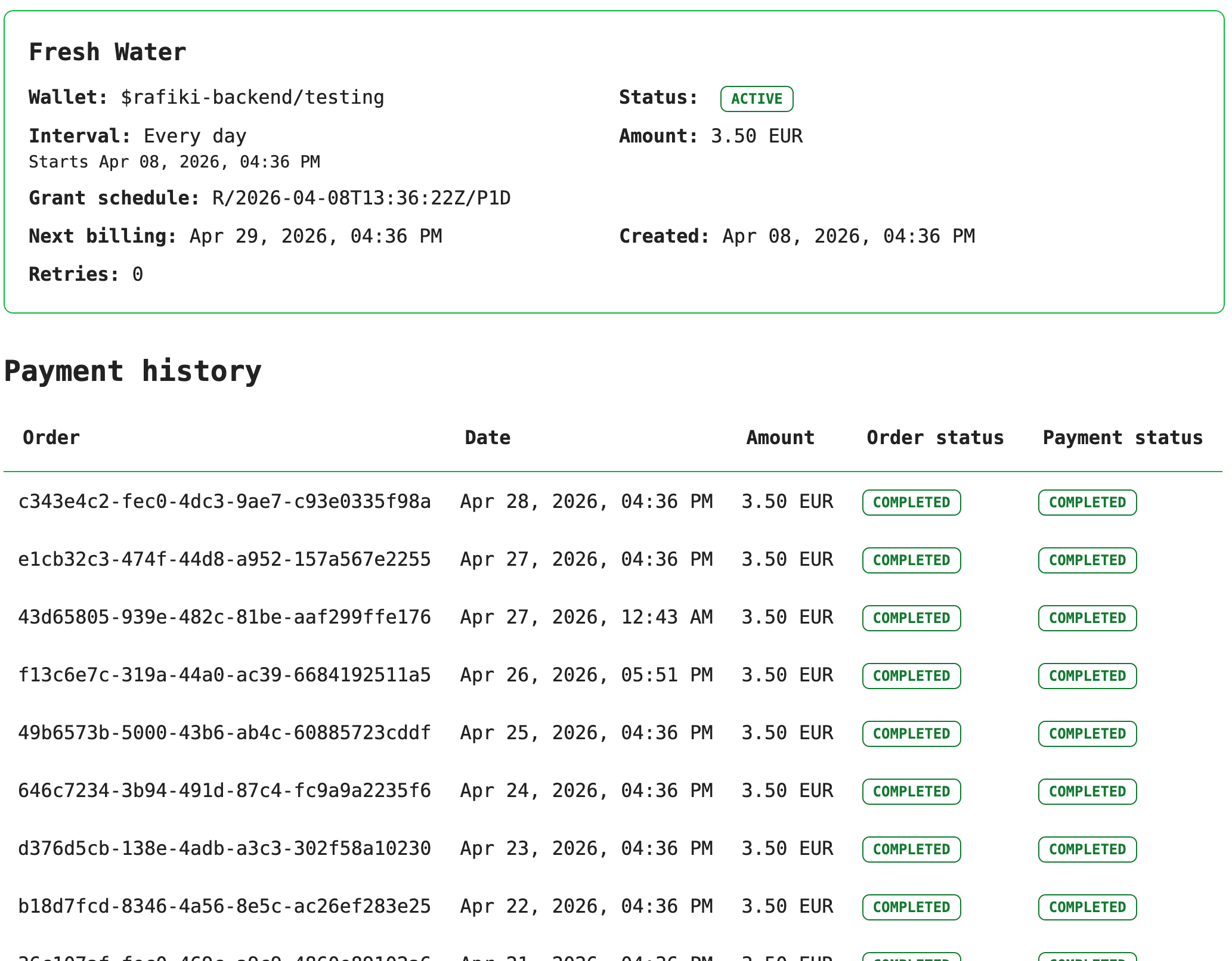 Subscription detail view with payments history