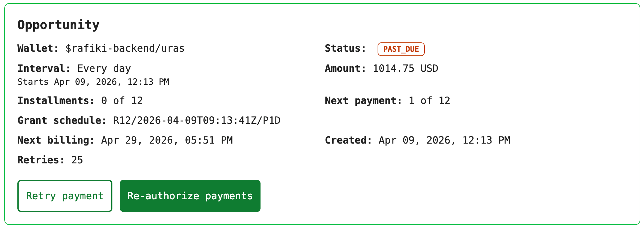 Subscription detail view in a PAST_DUE state with separate re-authorize and retry actions